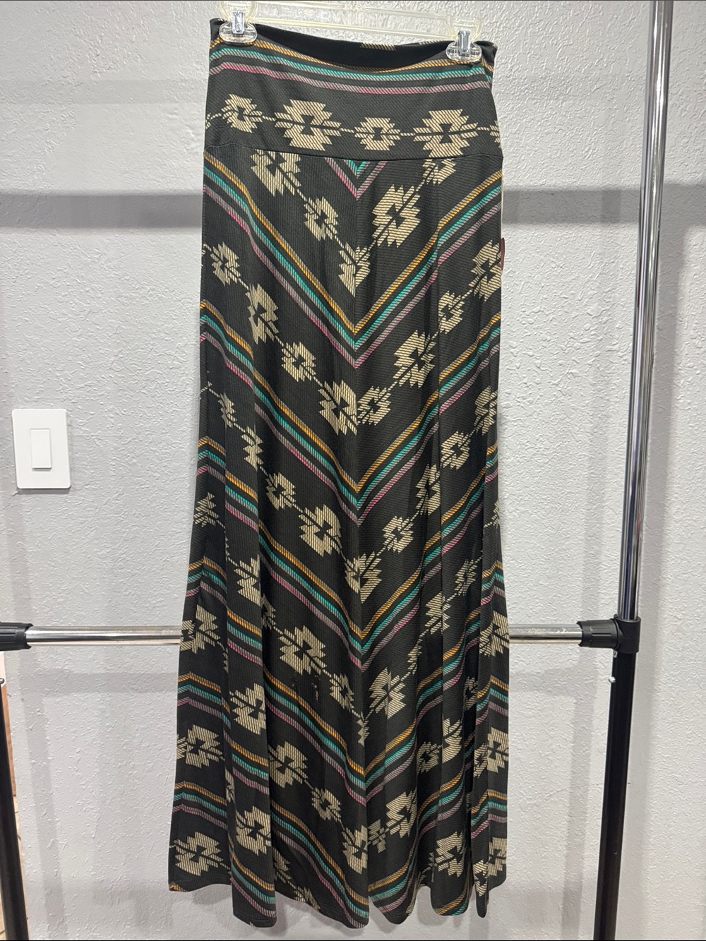 Black Patterned Maxi Skirt with Multicolor Stripes
